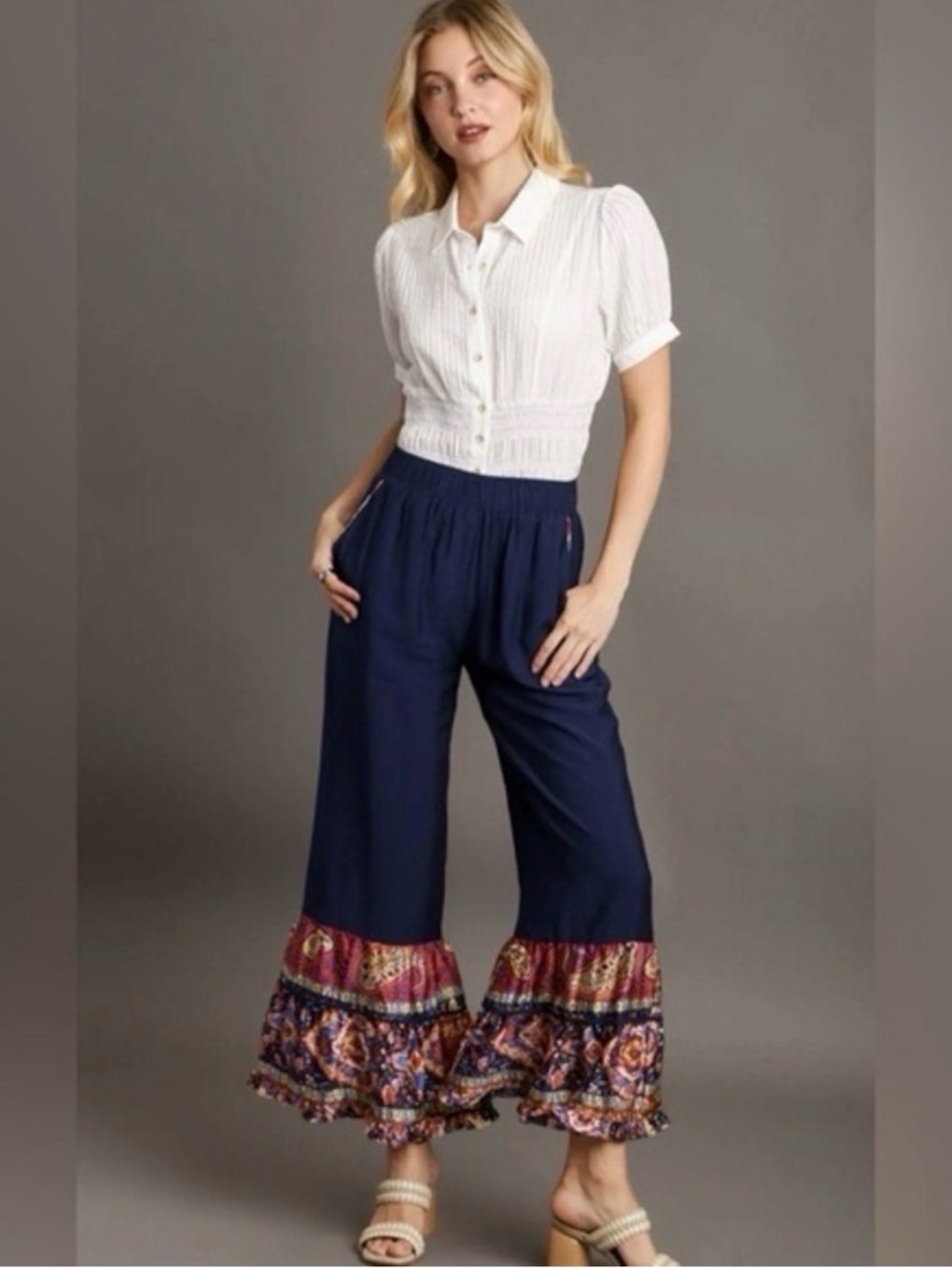 Umgee Navy Border Print Ruffle Hem Wide Leg Pants  Elastic Waistband
